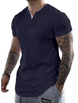 JMIERR Men's Muscle Slim Cotton T Shirts V-Neck Longline Henley Shirt Gym Workout Athletic Tees