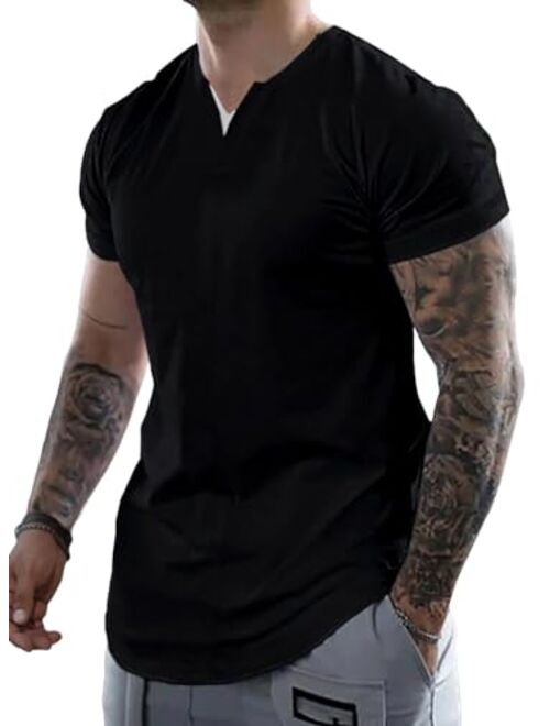 JMIERR Men's Muscle Slim Cotton T Shirts V-Neck Longline Henley Shirt Gym Workout Athletic Tees