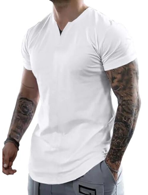 JMIERR Men's Muscle Slim Cotton T Shirts V-Neck Longline Henley Shirt Gym Workout Athletic Tees