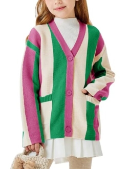 Haloumoning Girls Oversized Color Block Cardigan Sweaters 4-14 Years