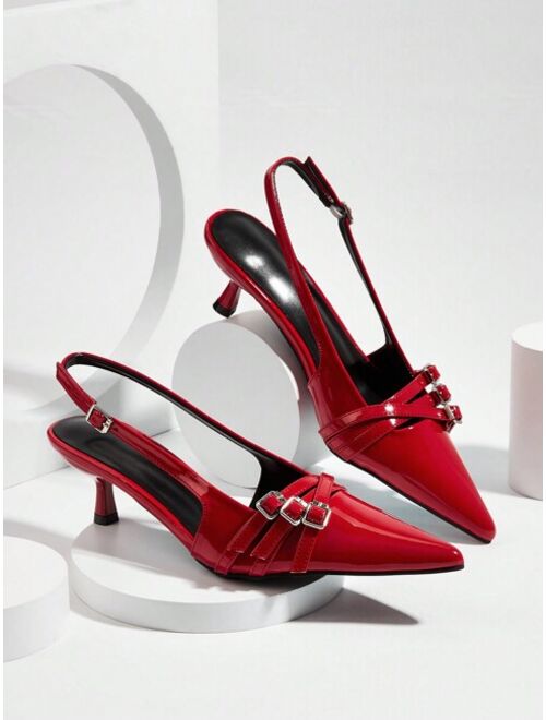 meipinfang Wine Red Pointed Toe Patent Leather Heels With Metal Buckle Strap For Wedding And Party