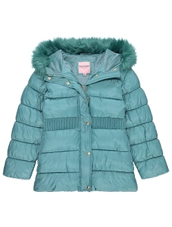 Girls Puffer Jacket, Laminated Bubble Kids Coat with Fur Hoodie