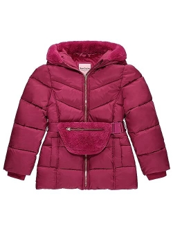 Girls Puffer Jacket, Laminated Bubble Kids Coat with Fur Hoodie