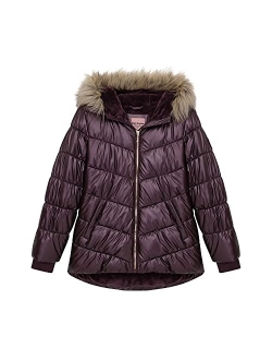 Girls Puffer Jacket, Laminated Bubble Kids Coat with Fur Hoodie