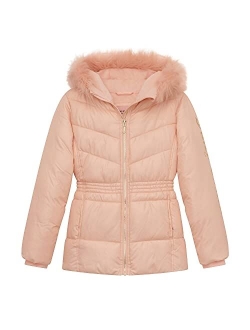 Girls Puffer Jacket, Laminated Bubble Kids Coat with Fur Hoodie