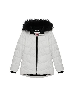 Girls Puffer Jacket, Laminated Bubble Kids Coat with Fur Hoodie