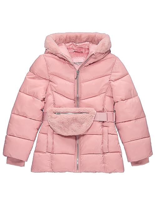 Juicy Couture Girls Puffer Jacket, Laminated Bubble Kids Coat with Fur Hoodie