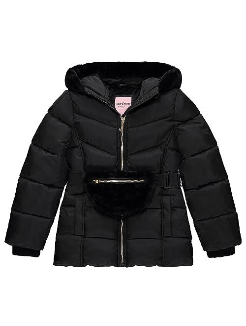 Juicy Couture Girls Puffer Jacket, Laminated Bubble Kids Coat with Fur Hoodie