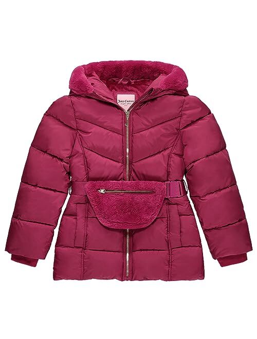 Juicy Couture Girls Puffer Jacket, Laminated Bubble Kids Coat with Fur Hoodie