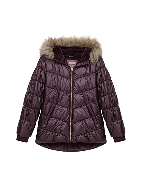 Juicy Couture Girls Puffer Jacket, Laminated Bubble Kids Coat with Fur Hoodie