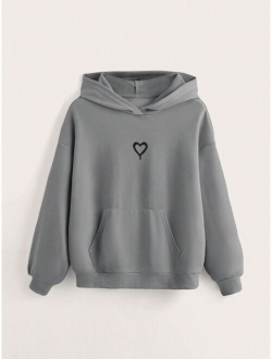 SHEIN Teen Girl Heart Print Kangaroo Pocket Hoodie