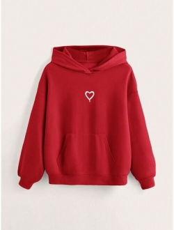 SHEIN Teen Girl Heart Print Kangaroo Pocket Hoodie