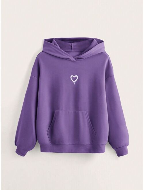 SHEIN Teen Girl Heart Print Kangaroo Pocket Hoodie