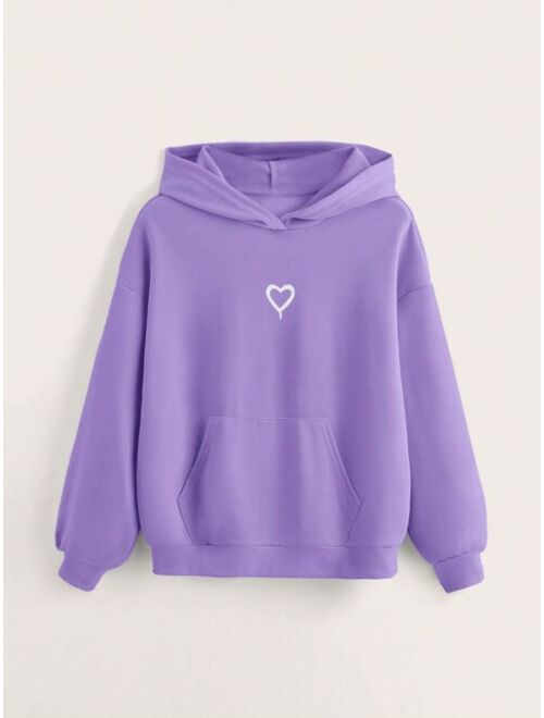 SHEIN Teen Girl Heart Print Kangaroo Pocket Hoodie