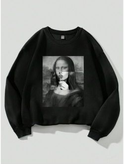 Teen Girls' Casual & Simple Long Sleeve Mona Lisa Printed Crewneck Sweatshirt, Suitable For Autumn/Winter