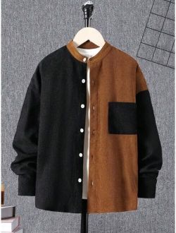 Boys' Casual Color Block Stand Collar Loose Fit Woven Shirt With Patch Pocket And Button Front