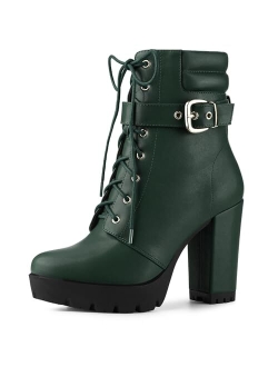 Women's Platform Ankle Boots Lace Up Block Heels Combat Boots