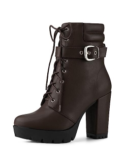 Women's Platform Ankle Boots Lace Up Block Heels Combat Boots