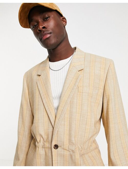 ASOS DESIGN power shoulder suit jacket with elastic waist in stone stripe