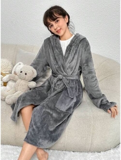 SHEIN Kids Teenage Girls' Knit Double-Sided Plush Rabbit Ear Hooded Tie Waist Robe