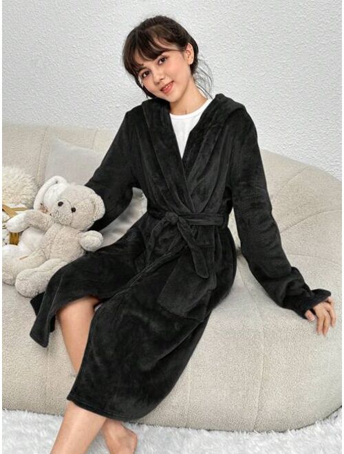 SHEIN Kids Teenage Girls' Knit Double-Sided Plush Rabbit Ear Hooded Tie Waist Robe