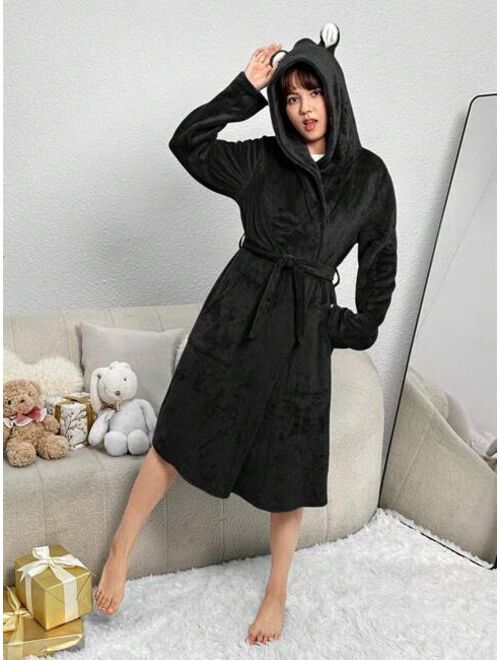 SHEIN Kids Teenage Girls' Knit Double-Sided Plush Rabbit Ear Hooded Tie Waist Robe