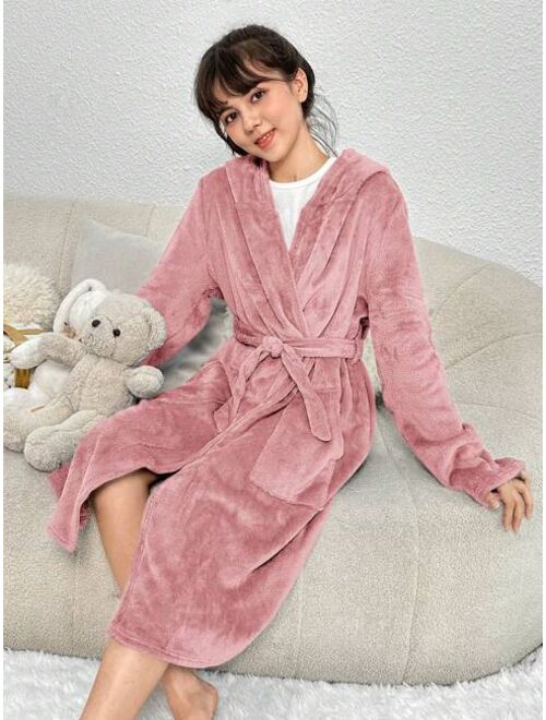 SHEIN Kids Teenage Girls' Knit Double-Sided Plush Rabbit Ear Hooded Tie Waist Robe