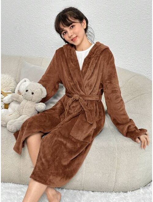 SHEIN Kids Teenage Girls' Knit Double-Sided Plush Rabbit Ear Hooded Tie Waist Robe