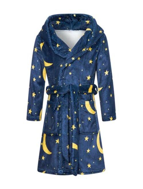 AIDEAONE Boys Girls Bathrobes, Kids Hooded Bathrobes with Plush Soft Flannel Robes Sleepwear Gift for Boys Girls 4-14 Years