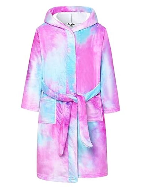 Jxstar Girls Bathrobes Kids Hooded Robes Plush Fleece Pajamas Soft Coral Sleepwear