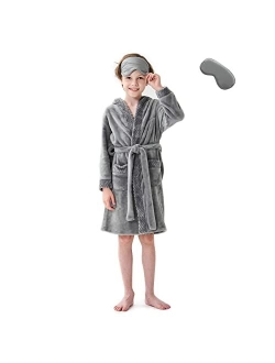 MGEOY Boys Girls Robe Soft Hooded Flannel Bathrobes for Kids With Silk Eye Sleep Mask Size 4-16