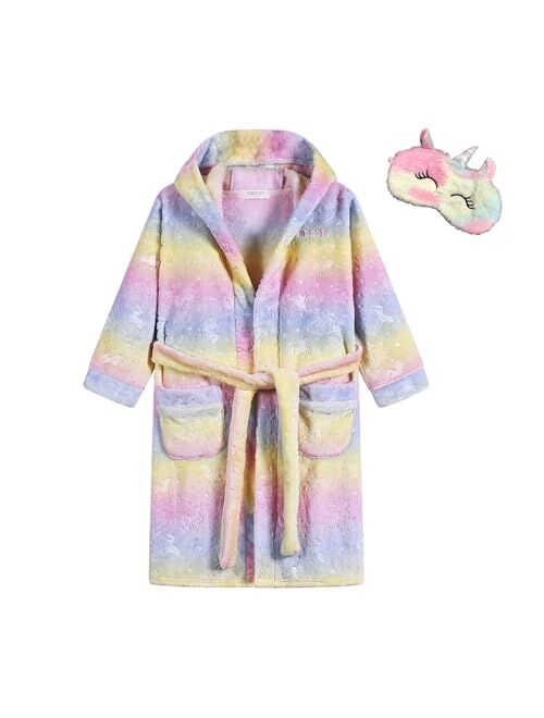 MGEOY Boys Girls Robe Soft Hooded Flannel Bathrobes for Kids With Silk Eye Sleep Mask Size 4-16