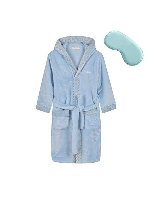 MGEOY Boys Girls Robe Soft Hooded Flannel Bathrobes for Kids With Silk Eye Sleep Mask Size 4-16