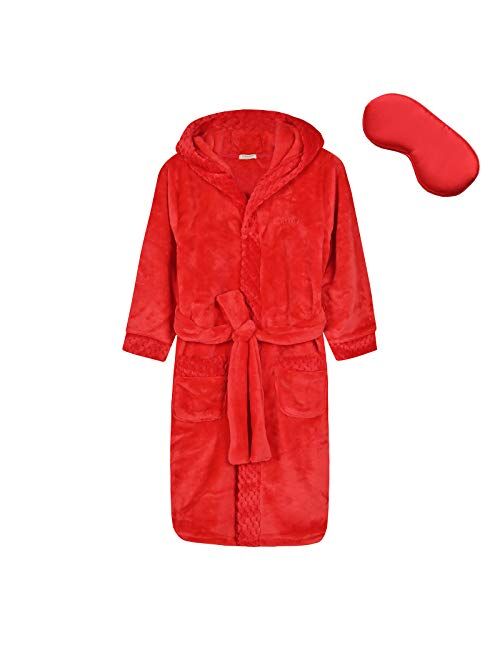 MGEOY Boys Girls Robe Soft Hooded Flannel Bathrobes for Kids With Silk Eye Sleep Mask Size 4-16