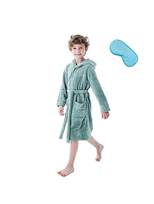 MGEOY Boys Girls Robe Soft Hooded Flannel Bathrobes for Kids With Silk Eye Sleep Mask Size 4-16