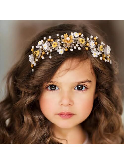 Campsis Flower Girl Headband Yellow Sunflower Princess Pearl Headpiece for Wedding Crystals Floral Girl Hair Accessories Birthday Party Frist Communion Photography for Gi