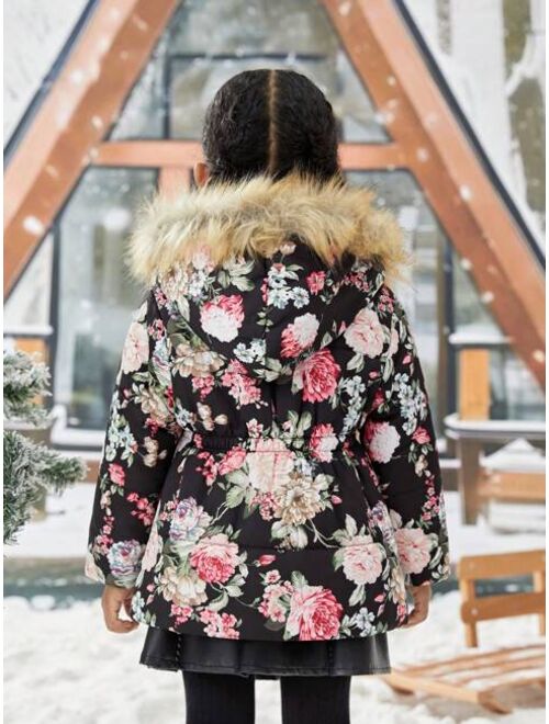 SHEIN Kids Cooltwn Young Girl Floral Print Fuzzy Trim Hooded Winter Coat