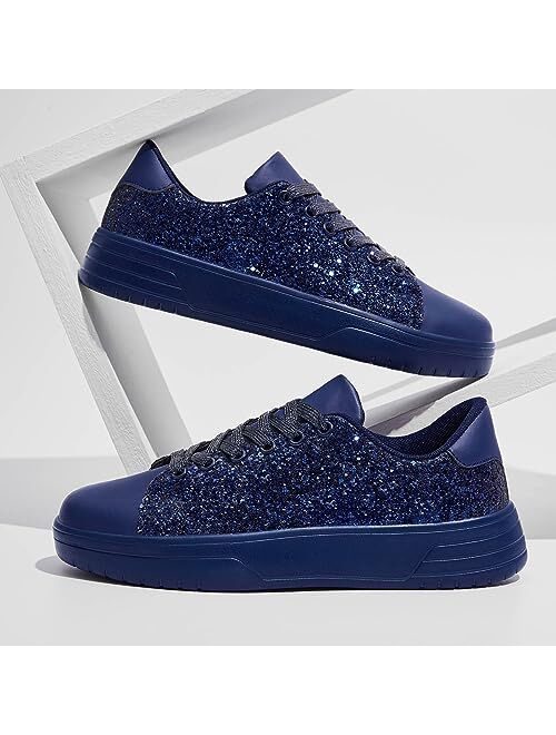 Fanvossem Women's Glitter Sneakers Shiny Sequin Tennis Rhinestone Bling Fashion Sneaker Sparkly Walking Casual Lace Up Shoes