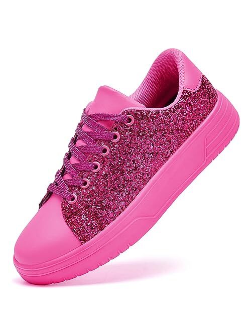 Fanvossem Women's Glitter Sneakers Shiny Sequin Tennis Rhinestone Bling Fashion Sneaker Sparkly Walking Casual Lace Up Shoes