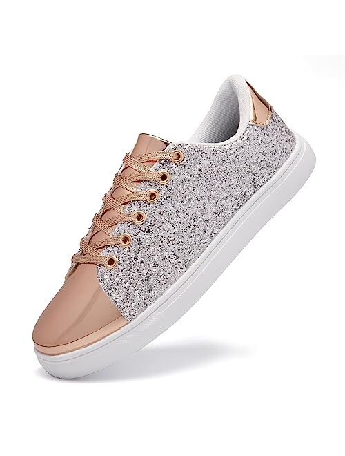 Bosenhulu Women's Glitter Shoes Fashion Shiny Sequin Sneakers Tennis Sparkly Shoes Rhinestone Bling Shoes with Lace up