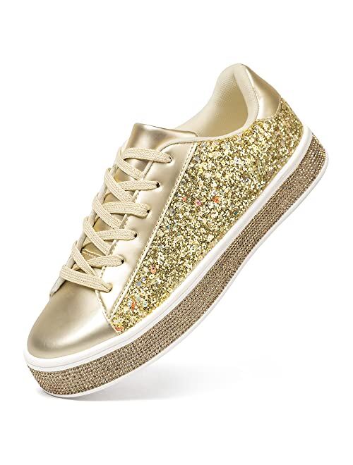 Ally Union Make Force Womens Glitter Wedding Sneakers Neon Dressy Sequin Sparkly Sneakers Rhinestone Bling Bridal Shoes Shiny Tennis Shoes