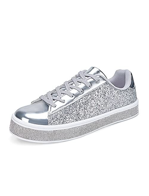 UUBARIS Women's Fashion Star Sneakers Glitter Rhinestone Fashion Sneaker Platform Sparkly Dressy Tennis Shoes Shiny with Fashion Star Logo