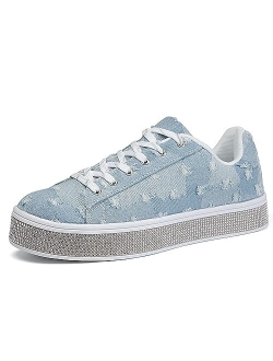 UUBARIS Women's Glitter Tennis Sneakers Floral Dressy Sparkly Sneakers Rhinestone Bling Wedding Bridal Shoes Shiny Sequin Shoes