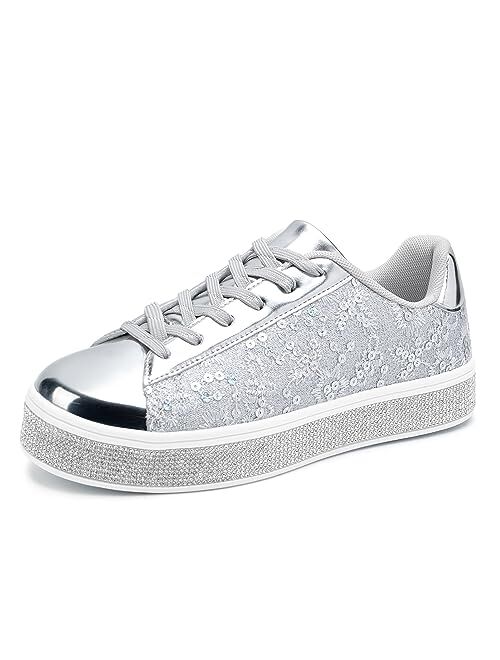 UUBARIS Women's Glitter Tennis Sneakers Floral Dressy Sparkly Sneakers Rhinestone Bling Wedding Bridal Shoes Shiny Sequin Shoes