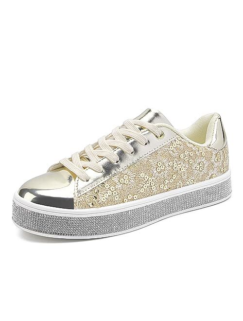 UUBARIS Women's Glitter Tennis Sneakers Floral Dressy Sparkly Sneakers Rhinestone Bling Wedding Bridal Shoes Shiny Sequin Shoes