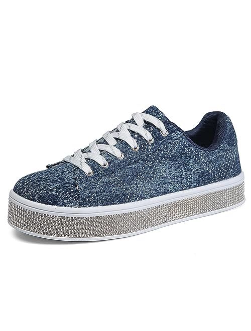 UUBARIS Women's Glitter Tennis Sneakers Floral Dressy Sparkly Sneakers Rhinestone Bling Wedding Bridal Shoes Shiny Sequin Shoes