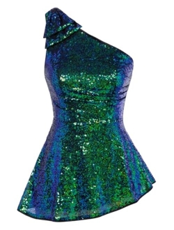 Womens Sequin Tops One Shoulder Sleeveless Glitter Sparkly Party Blouse Dressy Tops for Evening Party