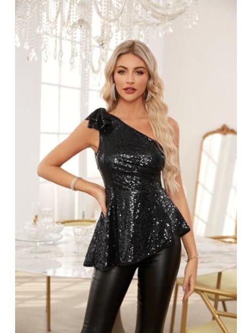 GRACE KARIN Womens Sequin Tops One Shoulder Sleeveless Glitter Sparkly Party Blouse Dressy Tops for Evening Party