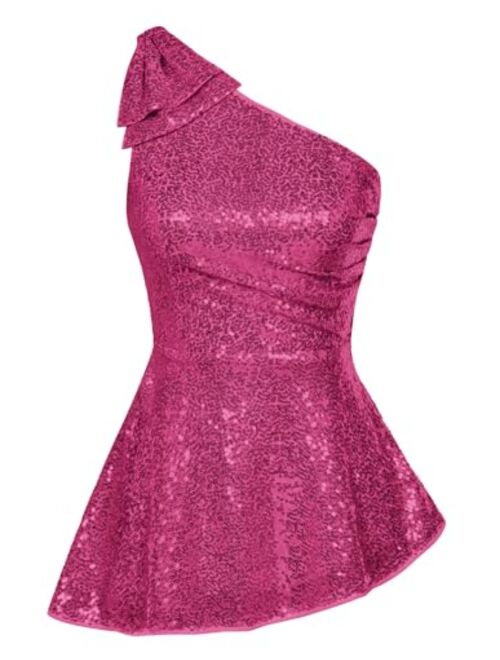 GRACE KARIN Womens Sequin Tops One Shoulder Sleeveless Glitter Sparkly Party Blouse Dressy Tops for Evening Party