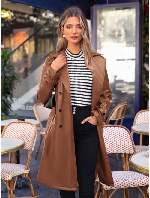 SHEINFrenchy SHEIN Frenchy Women'S Double-Breasted Pu Trench Coat With Waist Belt